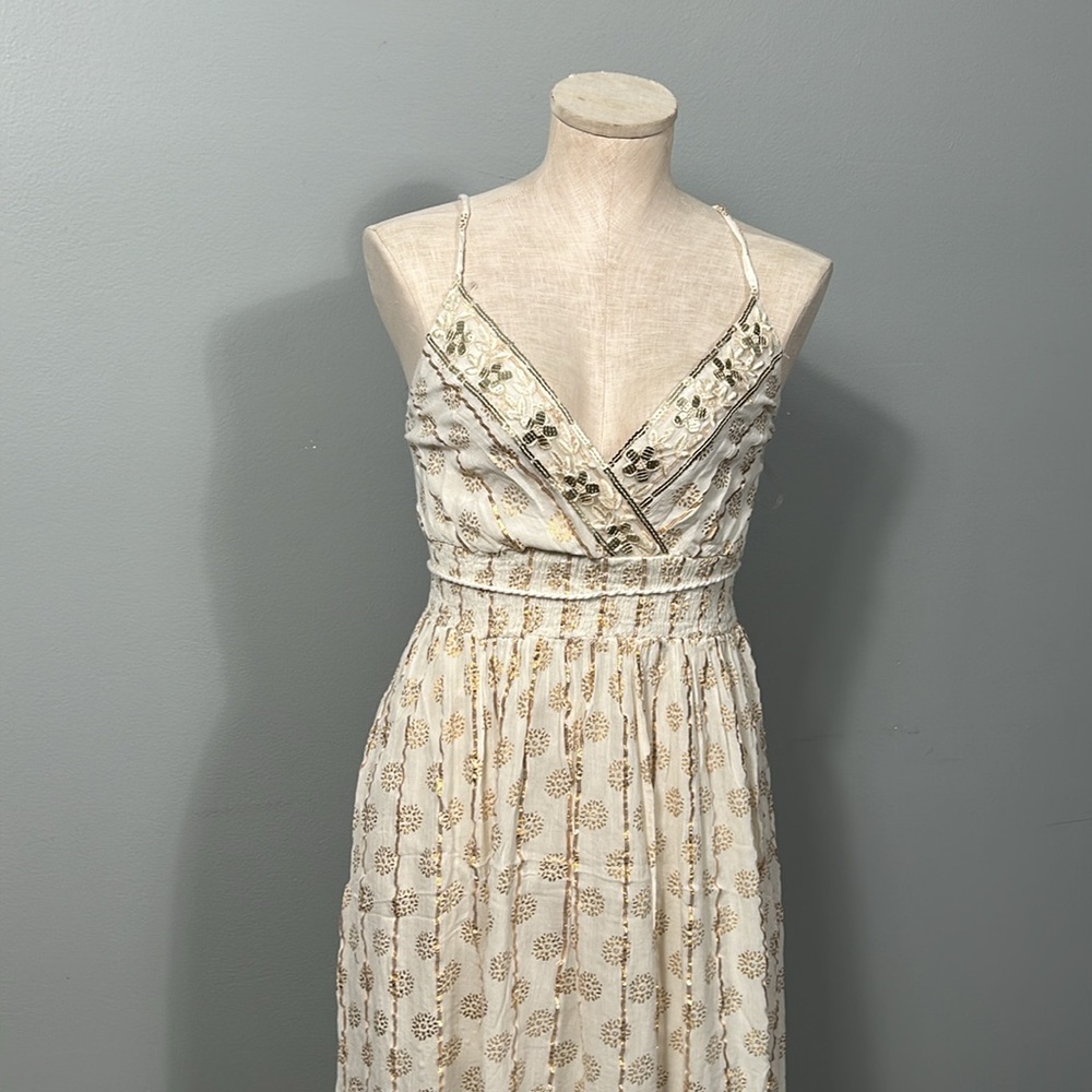Me 2 Magic Cream over Gold Print V-neck Ruched Back Layered Skirt Maxi Dress M
